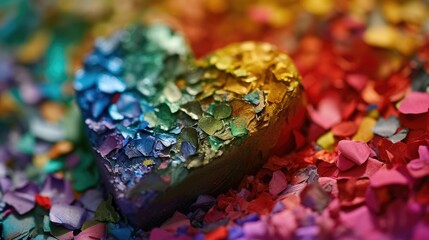 Obraz premium A close-up view of a heart-shaped object resting on a bed of colorful confetti. Perfect for celebrating love and special occasions