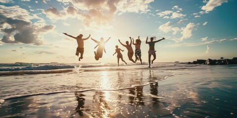 A group of people joyfully jumping in the air on a beautiful beach. Perfect for capturing moments of fun and excitement. - obrazy, fototapety, plakaty
