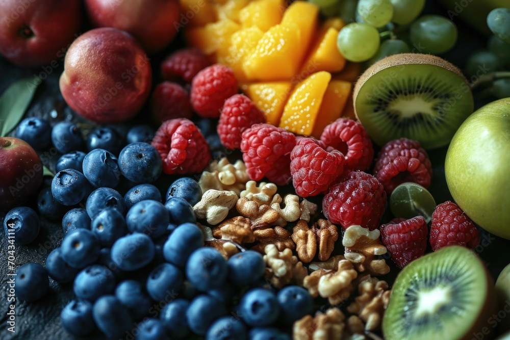 Poster A close-up view of a variety of fresh and colorful fruit arranged on a table. This image can be used to showcase healthy eating, nutrition, or as a background for food-related content