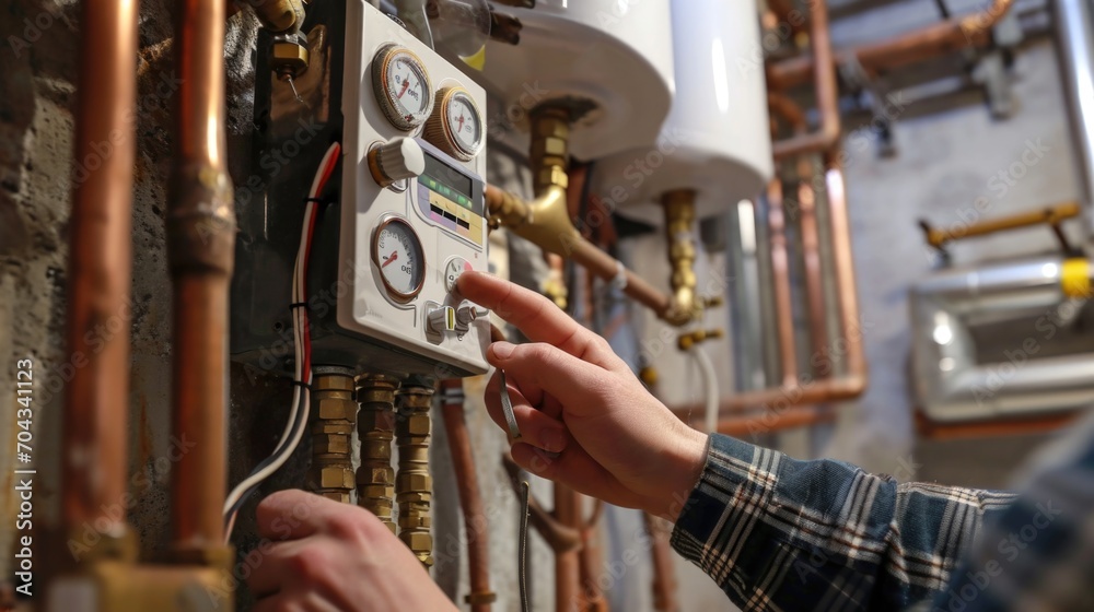 Aufkleber a person is pointing at a water heater mounted on a wall. this image can be used to illustrate home 
