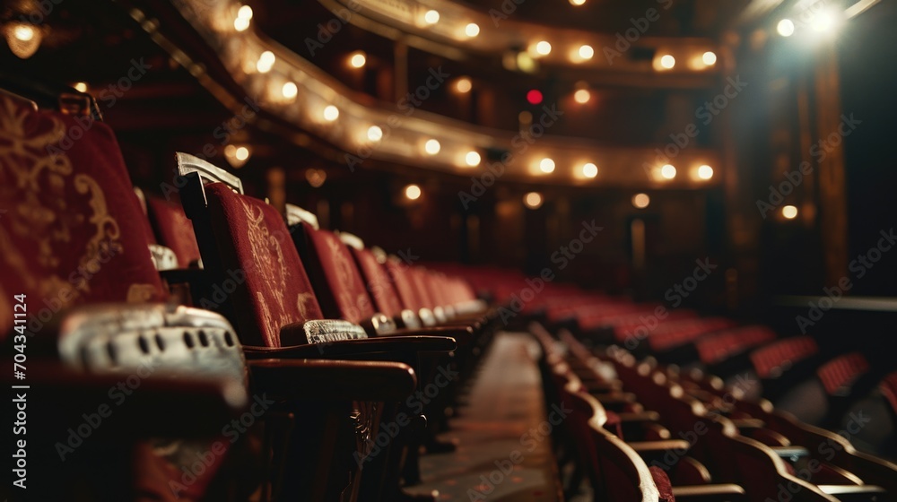 Poster A row of red seats in a theatre. Perfect for capturing the atmosphere of a live performance or showcasing the interior of a theater.