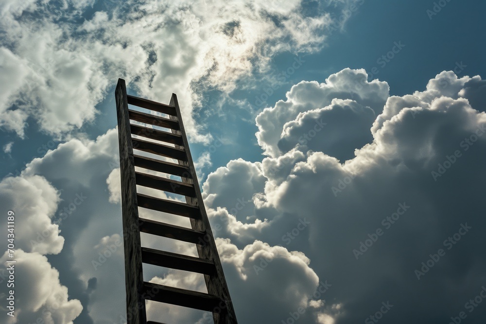 Poster A ladder standing in front of a cloudy sky. Suitable for illustrating concepts such as aspirations, growth, and reaching for the sky