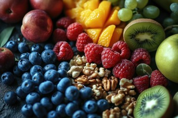 A close-up view of a variety of fresh and colorful fruit arranged on a table. This image can be used to showcase healthy eating, nutrition, or as a background for food-related content - obrazy, fototapety, plakaty