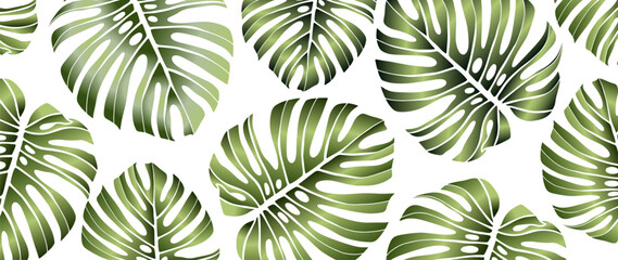 Summer tropical background with green realistic monstera leaves. Light vector background, wallpaper, cover, postcard, poster - obrazy, fototapety, plakaty