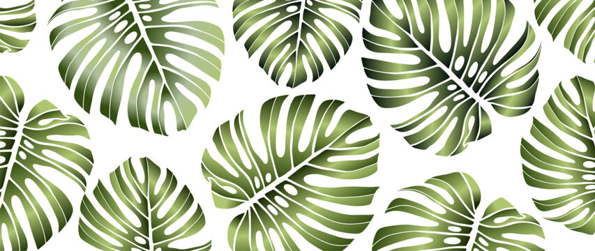 Summer tropical background with green realistic monstera leaves. Light vector background, wallpaper, cover, postcard, poster