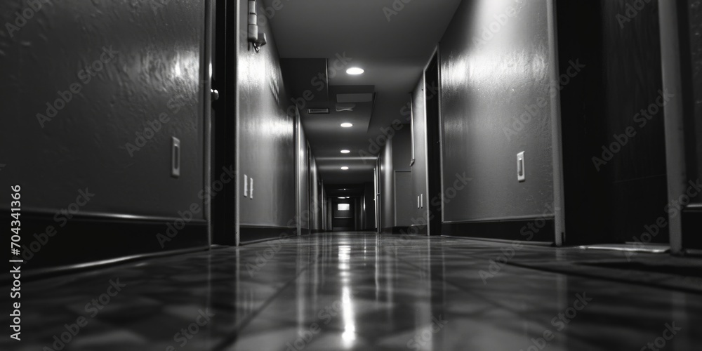 Poster A black and white photo capturing the essence of a long hallway. Perfect for adding a touch of elegance and depth to any project
