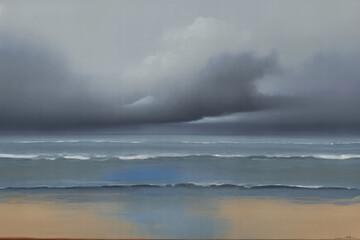 Obraz premium a digital painting of a serene beach scene with gentle waves, under a cloudy sky reflecting the calm yet moody atmosphere. The painting features smooth sand that transitions into gentle waves. The oce