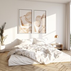Minimalist bedroom interior with two abstract paintings above the bed