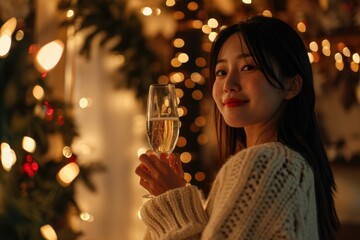 A woman holding a glass of wine stands in front of a beautifully decorated Christmas tree. This image can be used to depict holiday celebrations and festive gatherings