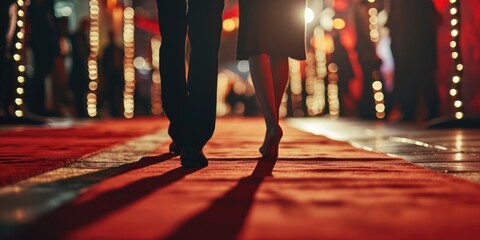 A person is seen walking down a red carpet with bright lights in the background. This image can be used to depict a glamorous event or a VIP arrival - obrazy, fototapety, plakaty