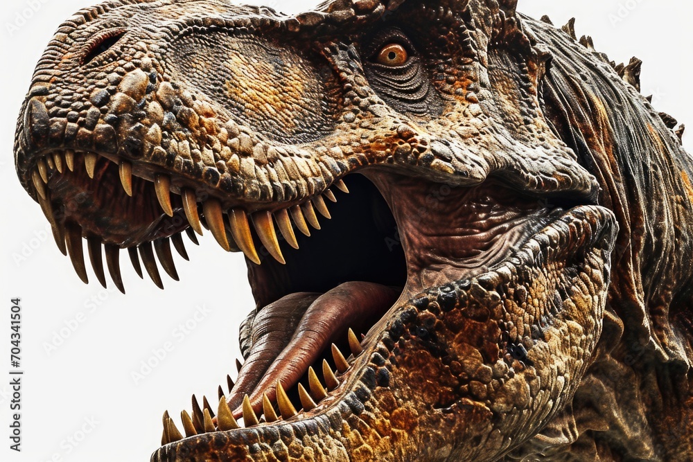 Poster A detailed close-up image of a dinosaur with its mouth wide open. This image can be used to depict the fierce and intimidating nature of dinosaurs.