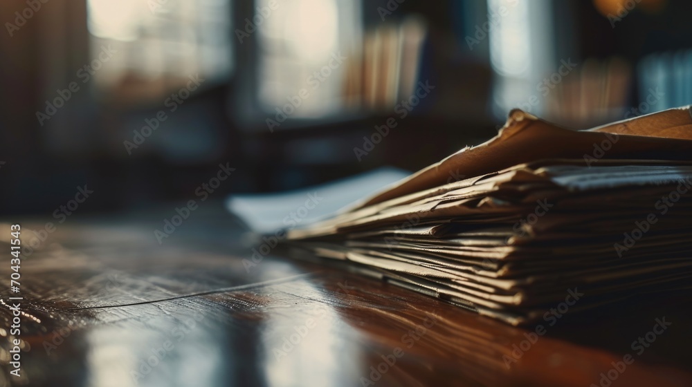 Poster a stack of newspapers neatly arranged on top of a wooden table. ideal for editorial or news-related 