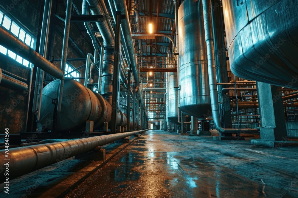 Poster a large industrial building with pipes and windows. this image can be used to depict manufacturing, 