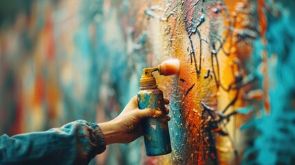 A person using a spray bottle to create graffiti on a wall. This image can be used to depict urban...