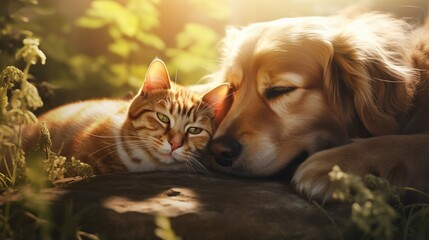 Endearing cat and cute dog lie side by side on sun drenched grass, basking in warmth and harmony of their companionship, heartwarming example of bonds between different creatures
