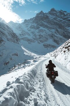 A man is seen riding a motorcycle down a road covered in snow. This image can be used to depict winter sports, adventure, or transportation in snowy conditions