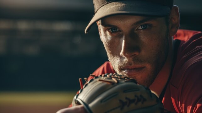 A close-up shot of a baseball player wearing a catcher's mitt. This image can be used to depict the intensity and focus of a catcher during a game
