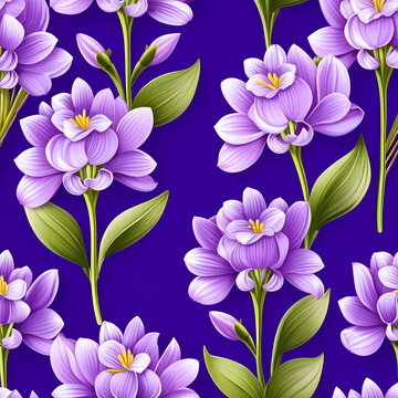 Seamless pattern of purple hyacinth spring flowers on blue background. First spring flowers bloom, gardening, nature revival and rebirth concept. Early spring, floral postcard, wallpaper