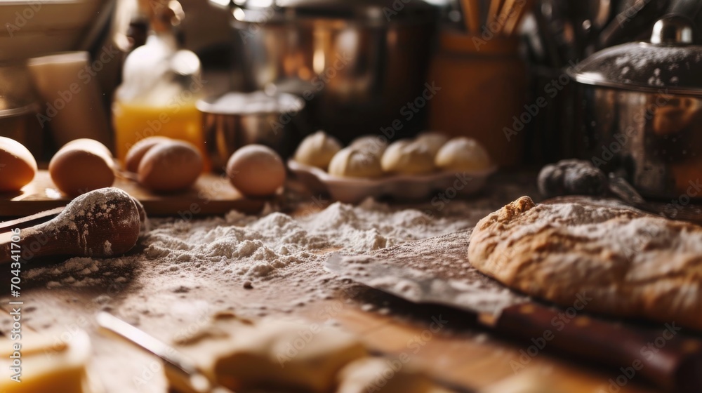 Poster A table filled with a wide selection of different types of food. Suitable for various culinary themes and dining concepts
