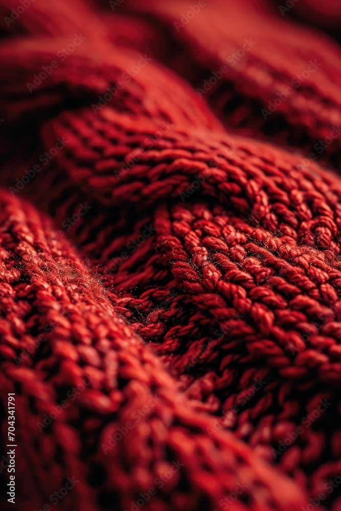 Poster A detailed view of a cozy red knitted blanket. Perfect for adding warmth and comfort to any setting