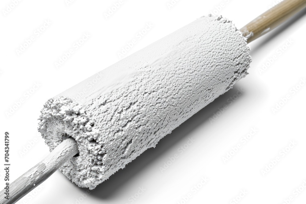 Poster a white roller with a wooden handle placed on a white surface. can be used for various painting or d