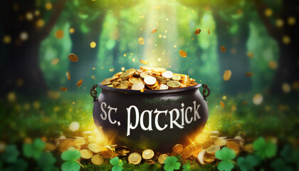 Chaudron pièces or dans forêt féérique St Patrick fête celte irlande trésor chance  - obrazy, fototapety, plakaty