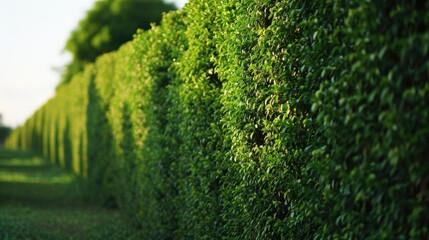 A row of green hedges in a park. Suitable for landscaping and outdoor design projects