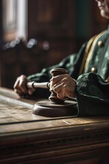 A man is sitting at a table with a gavel. This picture can be used to represent leadership, decision-making, or legal proceedings