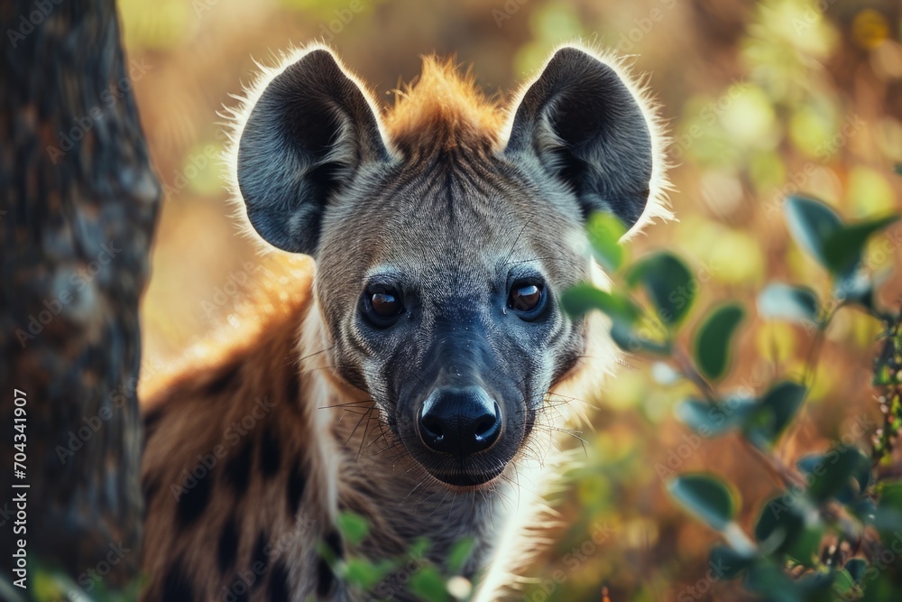 Poster a close-up shot of a hyena standing near a tree. perfect for wildlife enthusiasts and nature-themed 