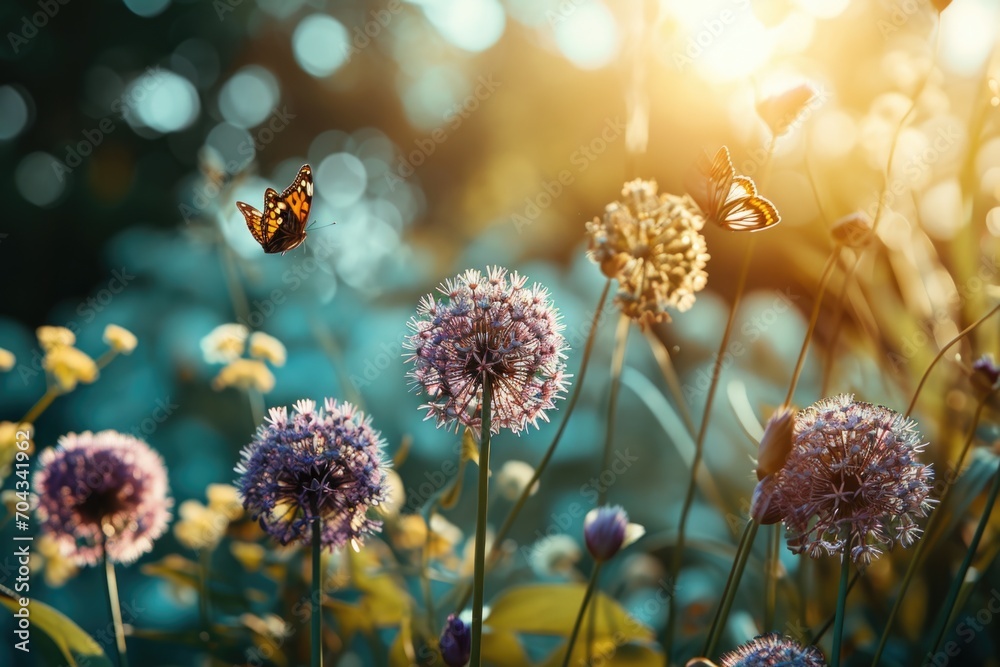 Poster A beautiful butterfly gracefully flying over a vibrant field of colorful flowers. Perfect for adding a touch of nature and serenity to any project or design