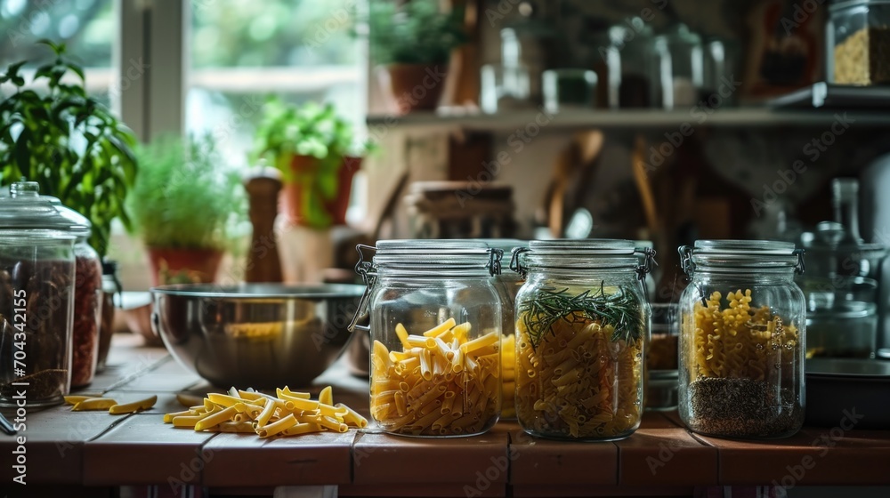 Poster a picture of a wooden table with various jars filled with food. perfect for showcasing homemade pres