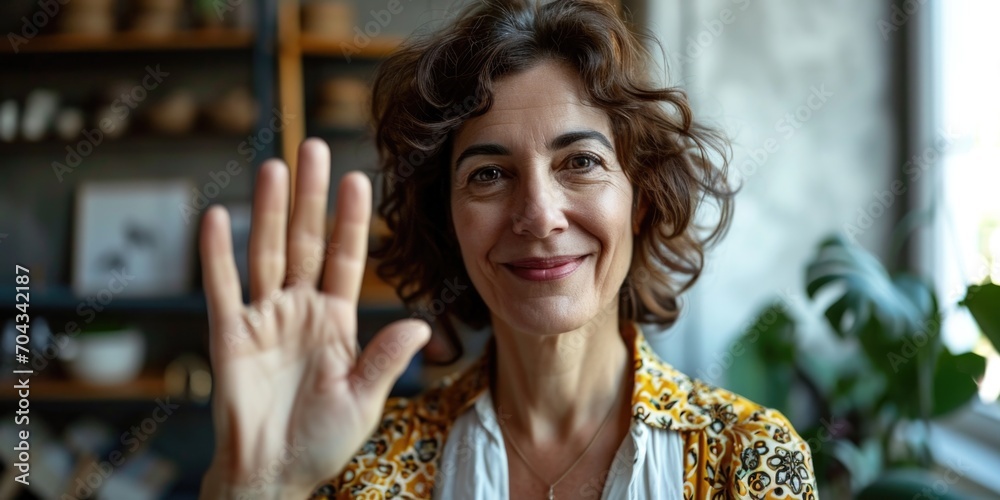 Aufkleber woman making a stop sign gesture with her hand. can be used to indicate stopping or halting in vario