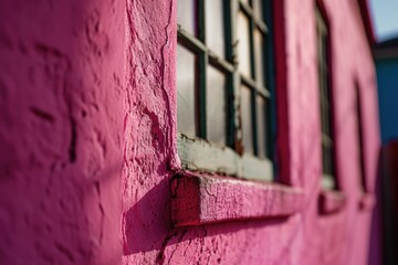 A close up view of a pink building with a window. This image can be used to depict architecture, urban life, or colorful cityscapes