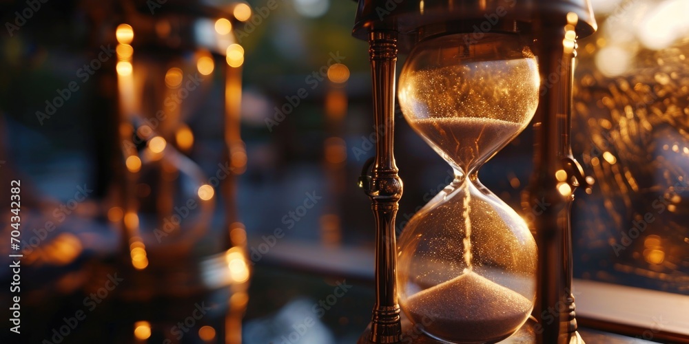 Aufkleber A close up of an hourglass on a window sill. Perfect for illustrating the passing of time and the concept of patience. Ideal for use in time management or productivity-related content