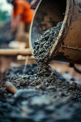 A person is shown pouring cement into a bucket. This image can be used to depict construction, DIY projects, or home improvement - obrazy, fototapety, plakaty