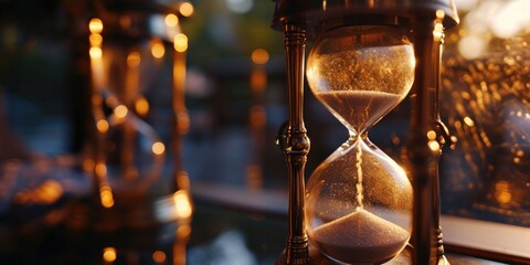 A close up of an hourglass on a window sill. Perfect for illustrating the passing of time and the concept of patience. Ideal for use in time management or productivity-related content - obrazy, fototapety, plakaty