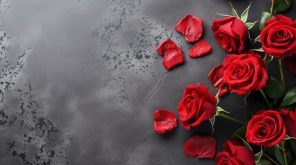 Vibrant red roses and petals on elegant grey background, stylish flat lay floral composition

