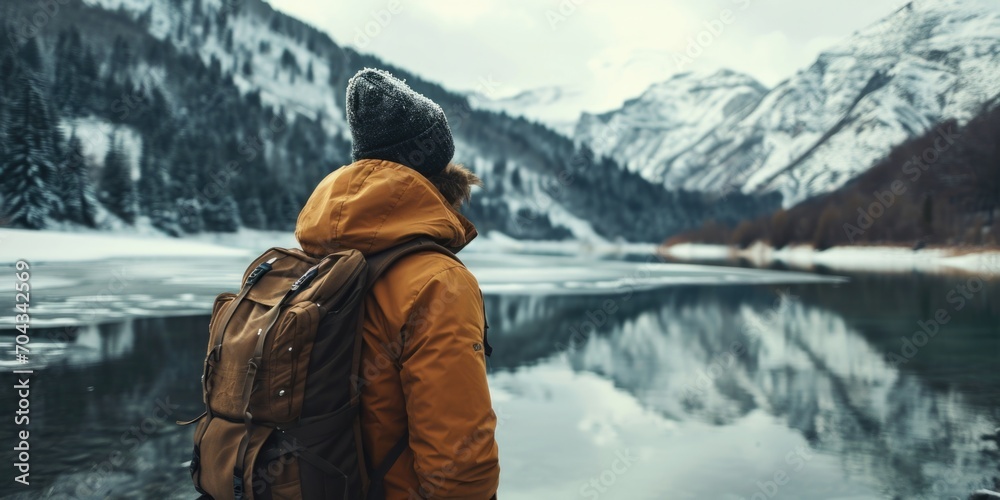 Poster a person standing in front of a serene lake with majestic mountains in the background. perfect for n