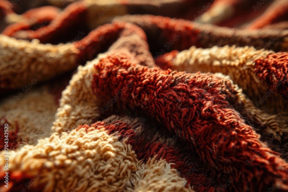 Poster a close up view of a red and brown blanket. this versatile image can be used to represent warmth, co