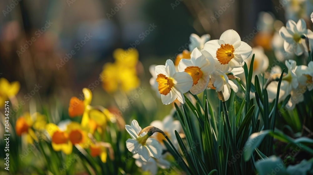 Poster a beautiful field filled with white and yellow daffodils. perfect for springtime and nature-themed d