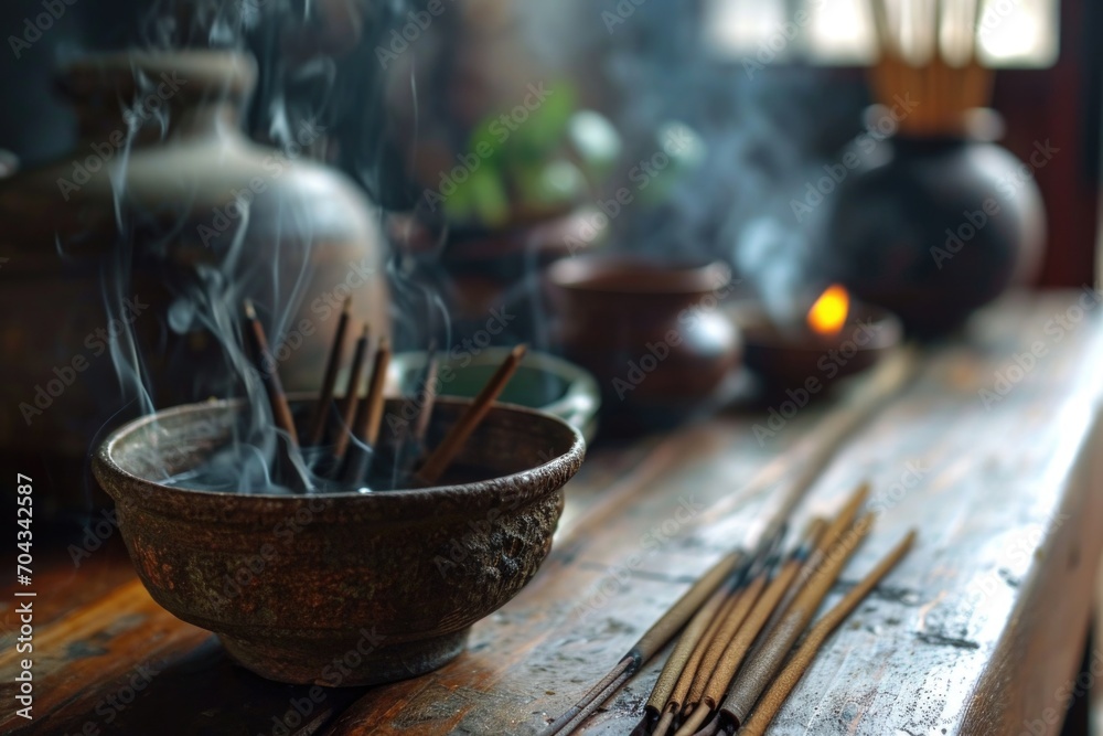 Poster a wooden table with a bowl of incense sticks. perfect for creating a calm and peaceful atmosphere. i