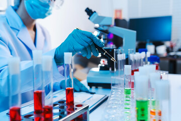 Asian people scientist in lab coat and protective gloves working with test tubes with green and red...