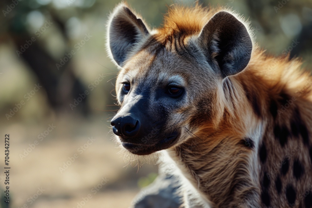 Poster close up view of a hyena's face with trees in the background. this image can be used to depict wildl