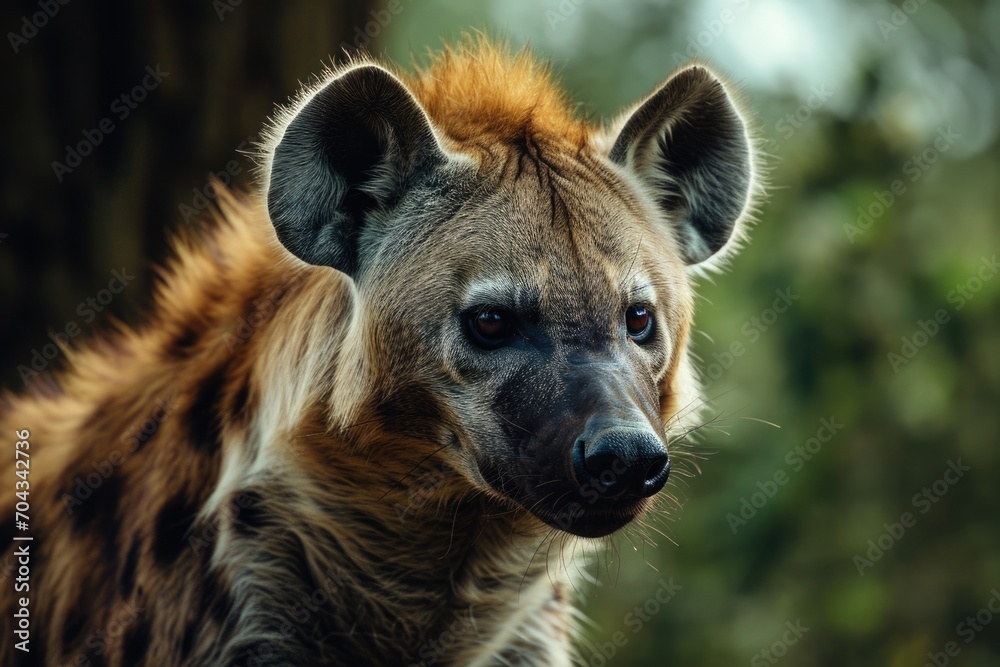Poster a detailed close-up shot of a hyena's face with trees in the background. perfect for nature enthusia