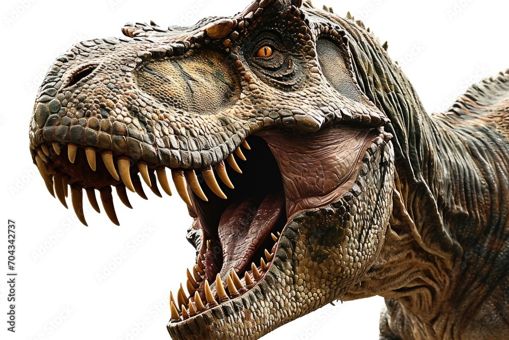 Poster A close up view of a dinosaur with its mouth wide open. This image can be used to depict the ferocity and power of dinosaurs in educational materials or in movie posters and advertisements