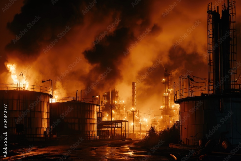 Poster a factory releasing large amounts of smoke into the air. suitable for illustrating industrial pollut