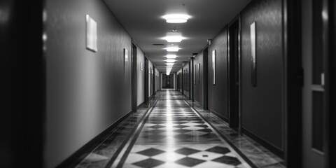A black and white photo of a long hallway. Can be used for architectural or interior design purposes - obrazy, fototapety, plakaty