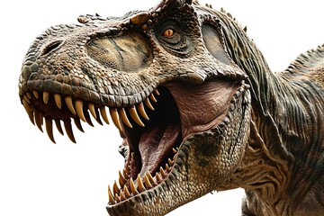 A close up view of a dinosaur with its mouth wide open. This image can be used to depict the...