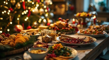 A table filled with a variety of mouth-watering dishes and delicacies, beautifully arranged for a Christmas feast. The festive ambiance is enhanced by the presence of a decorated