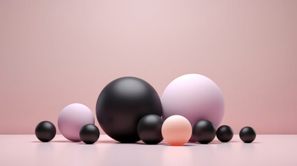 3D black and pink spheres of different sizes and transparency. Pastel colour palette. Abstract background. Generative AI
